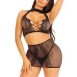 Leg Avenue Dotted Net and Lace Halter Crop Top with Faux Lace Up Front and Mini Skirt (2 Piece) - OS - Black