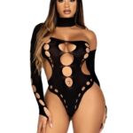Leg Avenue Seamless Asymmetrical Cut Out Thong Back Bodysuit - OS - Black