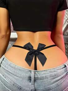 Tanga sexy transparente con encaje, malla y decoración de Moña Talla S