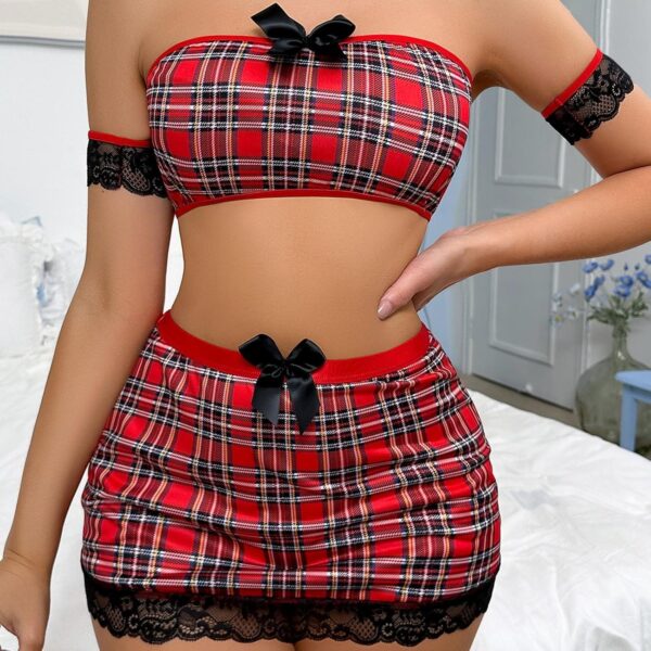 Conjunto de lencería sexy para mujer, camiseta corta de tubo a cuadros y minifalda ajustada con anillo para el brazo Talla M - Imagen 3